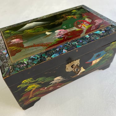 Vintage Asian Jewelry/Music Box, Small Black With Inlayed Mother Of Pearl, Bohemian Music Box, Japanese Landscape, Black Lacquer SEE Photos 