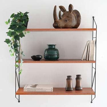 Vintage Scandinavian Wall Shelf System in Teak and Black Iron with Slanted Slat Sides, 1960s 