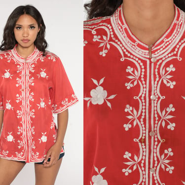 Red Floral Blouse 70s Boho Top Semi-Sheer Embroidered Button Up Shirt Bohemian Short Sleeve Flowy Summer Hippie Top Vintage 1970s Medium M 