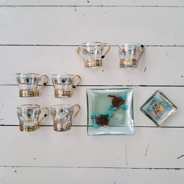 Libbey David Douglas Turquoise Gold Pinecone -  Mugs, Cream/Sugar, Plates - Sold Separately 
