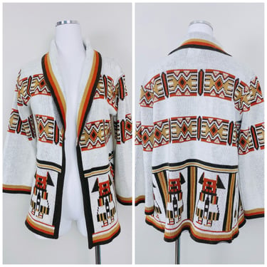 1970s Vintage Matisse Southwestern Acrylic Sweater / 70s / Seventies Flared Sleeve Open Style Knit Cardigan / Medium 