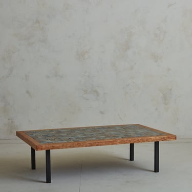 Rectangular Pine Wood Coffee Table with Blue + Brown Ceramic Tile Top, Denmark 1950s