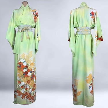 VINTAGE Handmade Silk Japanese Kimono Green Yellow Bokashi Ombre | Vintage Houmongi-Tsukesage Kimono Robe Dressing Gown Kinsai Yuzen | VFG 