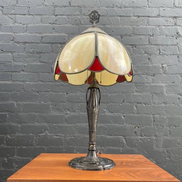 Vintage Art Deco Style Brass Table Lamp with Tiffany Style Shade, c.1940’s 