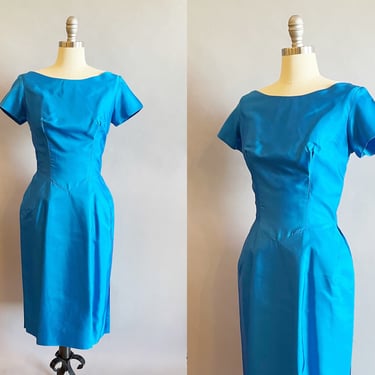 50's French Blue Party Dress / Bateau Neckline Dress / Blue Satin Dress / Size Small 