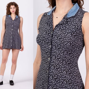 90s All That Jazz Black Floral Micro Mini Dress - Petite Small | Vintage Sleeveless Button Up Denim Collar Grunge Sundress 