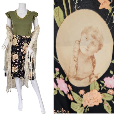 1970's Lady Face Novelty Print Black Nylon Victorian Print Floral Skirt I Sz Sm 