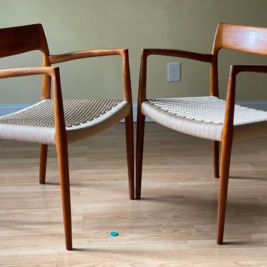 Two Moller Model #57 Armchairs, Designed by Niels Otto Møller, by J.L. Møllers Møbelfabrik, in teak and paper cord 
