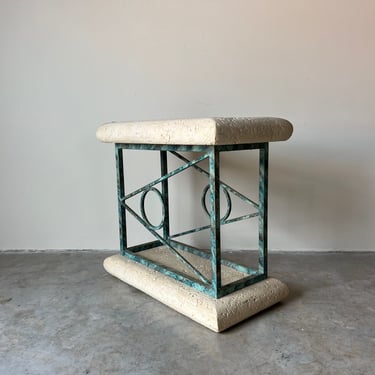 80's Postmodern Faux- Coral Stone and Metal Console Table 