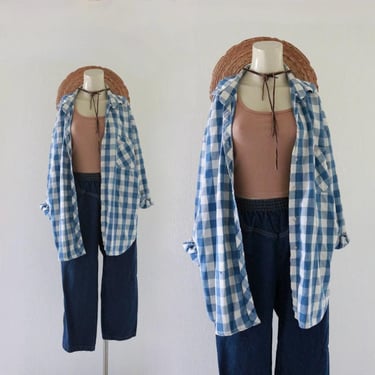 worrrn gingham button top - vintage 80s 90s blue denim check plaid long sleeve shirt shacket fall 