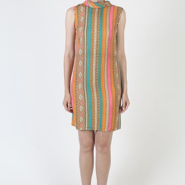 60s Neon Psychedelic Print Dress / Mod Striped Party Sundress / Trippy Cocktail Party Shift Tank 