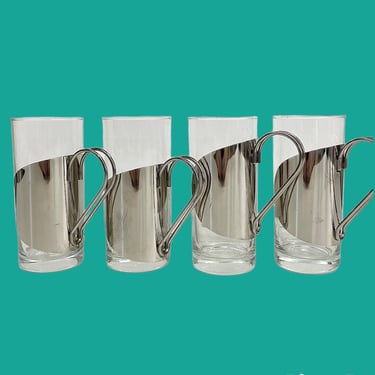 Vintage Highballs Retro 1960s Mid Century Modern + Clear Glass + Silver Metal Handles + Set of 4 + Drinking Glasses + Coffee or Latte Mugs 