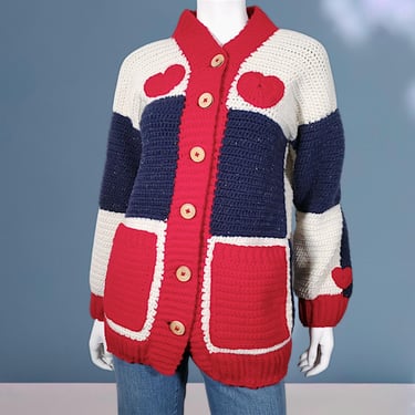 Vintage handknit heart sweater 1960s 70s red white blue chunky knit cardigan wood buttons fibrous yarn big pockets shawl collar (S) 