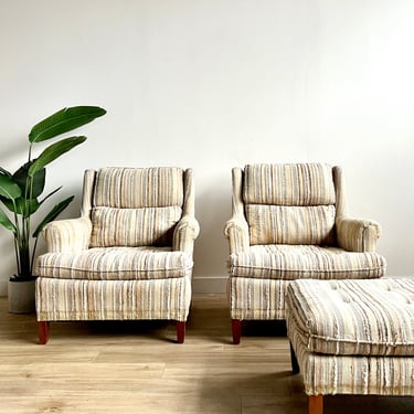 Pair of Vintage Mid Century Lounge Chairs with Ottoman