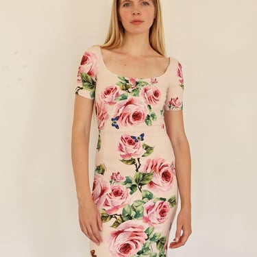 Vintage Dolce & Gabbana Pink Floral Printed Crepe Sheath Dress with Roses and Butterflies sz IT 38 XS Silk Y2K 2000s 