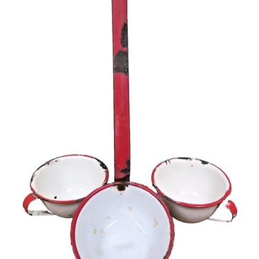 Vintage Enamelware 2 Cups & Ladle Dipper W/ Red Trim Great Patina Enamel Country 