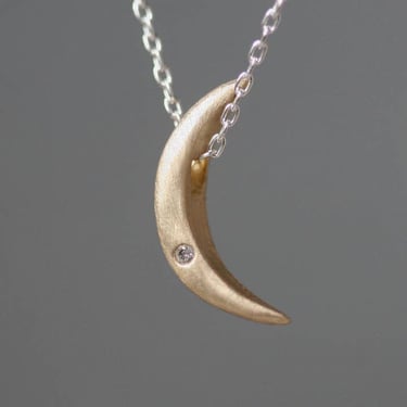 Crescent Moon Necklace in 14K Gold & Silver + Diamond