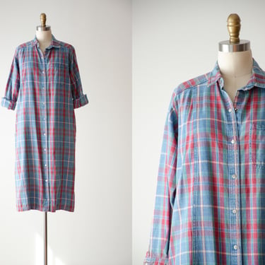 plaid jean dress | 90s vintage L.L. Bean blue red plaid cotton denim loose oversized shirt dress 