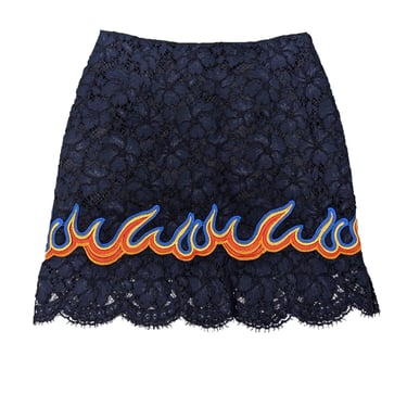 Sandro - Navy Lace Skirt w/ Flame Embroidered Ruffled Hem Sz 4