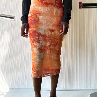 Jean Paul Gaultier Classique Orange Printed Mesh Pencil Skirt 