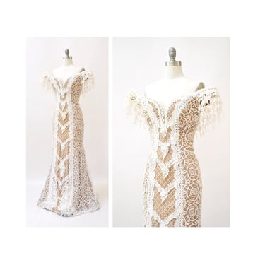 90s 00s Vintage White Lace Wedding Gown Dress By Bob Mackie Size xxs Xs// Vintage Wedding Gown White Lace off the shoulder Beach Wedding xxs 