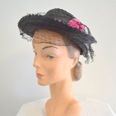 1940s Black Straw Hat with Pink Roses and Netting 