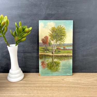 Autumn by a lake painting on board - vintage accent art 