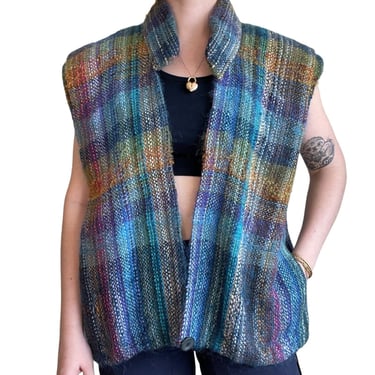 Vintage Elizabeth Jenkins Rainbow Mohair Plaid Oversized Sweater Vest Made Sz L 