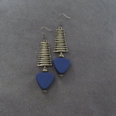 Mid century modern blue triangle and bronze earrings 