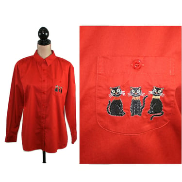 Button Up Shirt with Black Cat Embroidered Pocket, Long Sleeve Orange Blouse, Halloween Novelty Top, Fall Clothes for Women, Vintage 90s Y2k 