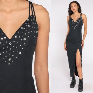Black Cocktail Dress 80s HIGH SLIT Maxi Party Dress Rhinestones Embellished Formal Prom Low Back Vintage 90s Backless Strappy Extra Small XS 