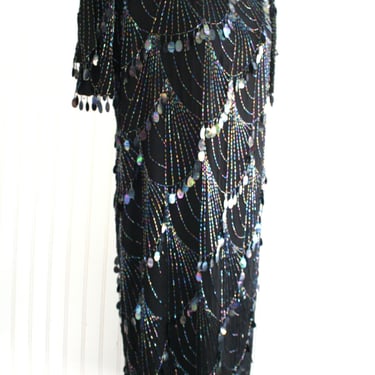 Beaded - 1980s - Cocktail Dress - Black Beaded/Sequin/Fringe - Black Silk - by Oleg Cassini - Estimated L/XL 