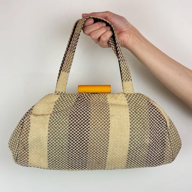 Vintage 40s Tweedy Cotton Stripe Fabric Handbag Satchel Bakelite Handle 