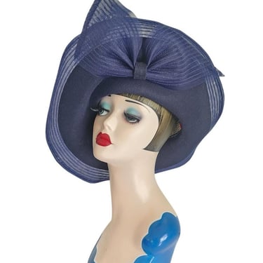 Vintage Navy Blue Hat in Wool & Mesh Oversized Asymmetrical Mr John Classic 