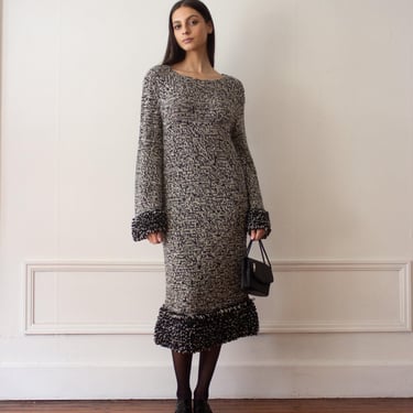 1960s Black and White Tweed Knit Dress with Beaded Fringe Hem and Cuffs 