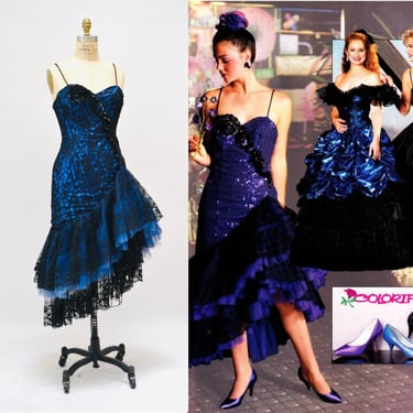 Vintage 80s 90s Prom Dress Metallic Blue sequin Dress// 80s Vintage Black Blue Metallic Lace Ruffle Party Barbie Dress XXS XS Small Loralie 