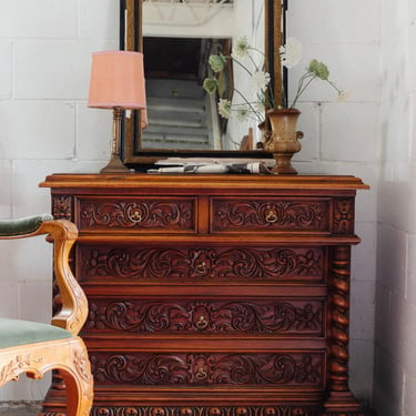 turn of the century Italian carved walnut chest of drawers