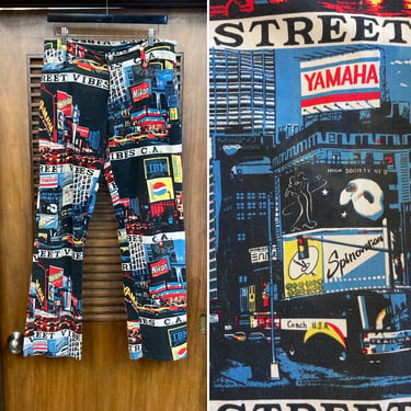 Vintage 1980’s w33 Pop Art City Racing Pants, Mod, Black Background, NYC, New Wave, Hot Rod, 80’s Vintage Clothing 