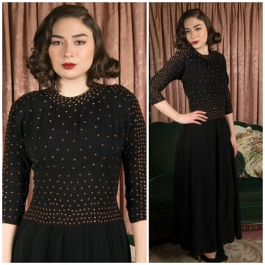 1940s Dress - Gorgeous Black Crepe Full Length 40s Evening Gown with Brass and Enamel Studs AS-IS 