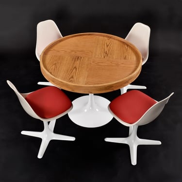 Restored Mid-Century Modern Saarinen Base Oak Top Lego Gaming Table Set With 4 Burke Tulip Chairs 