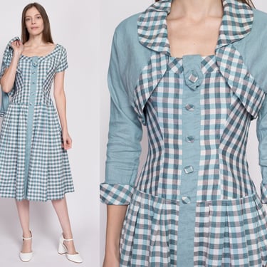 1940s Blue Gingham Midi Dress & Bolero Jacket Small | Vintage 40s 50s Fit Flare Matching Two Piece Set 