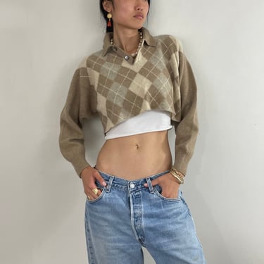 vintage 100% cashmere cropped collared henley argyle oversized pullover boyfriend beach beige sweater