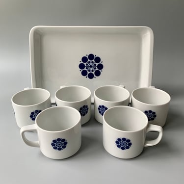 Set of Six Schonwald Lauffer Polaris Blue Porcelain Cups with Serving Tray 