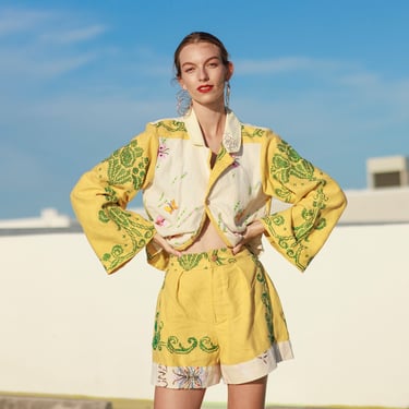 Handmade Yellow Embroidered Butterfly Long Sleeve Blouse Shorts Two Piece Vintage Handmade Embroidery Upcycled Linen Set 