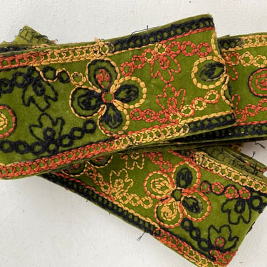 Vintage Boho Fabric Trim, Embroidered Floral Cotton Border Fabric, 2-3/4" Wide, 2-1/2 Yards, Olive Green, Rust, Maize, Black, Sewing Notions 