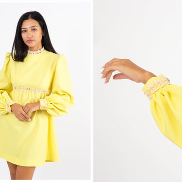 Vintage 1970s 70s Butter Yellow  Velvet Rose Trim Mini Dress w/ Empire Waist Full Length Balloon Sleeves 