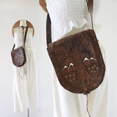 60s hand tooled leather forest bag - vintage 60s 70s nature brown saddle messenger tree boho bohemian hippie purse handbag 