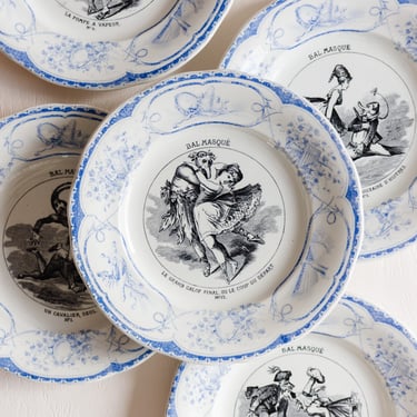 antique creil & montereau french talking plates, set of 7