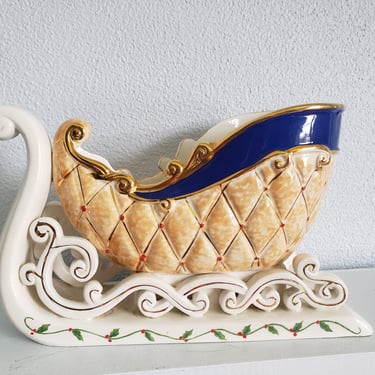 Ceramic Winter Sleigh centerpiece Holiday planters Winter Home Decor Blue and Gold Holiday decor Fireplace Mantlepiece accessories 