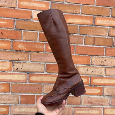 vintage 70s brown loafer style leather stacked heel knee high boots  / w 5m 
